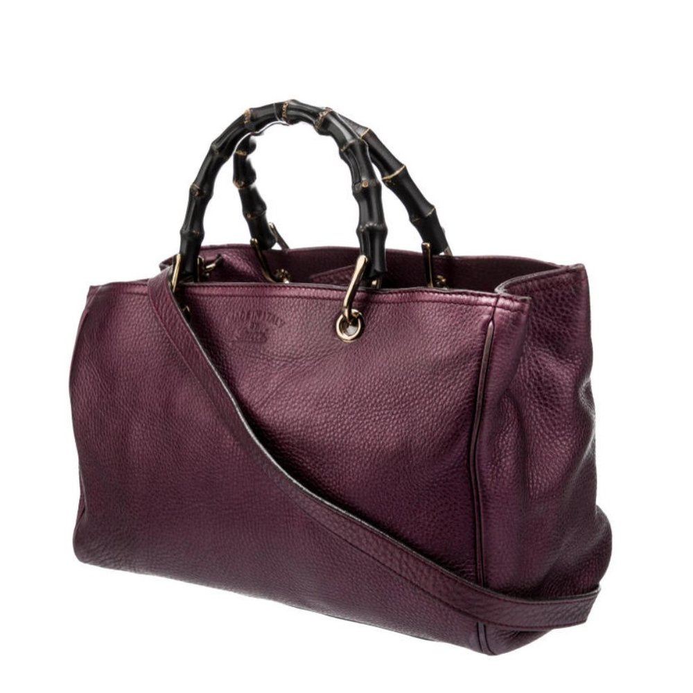 Gucci Purple Leather Shopper Tote Bamboo Handle Gold Hardware Vintage Branding - Picture 2 of 6